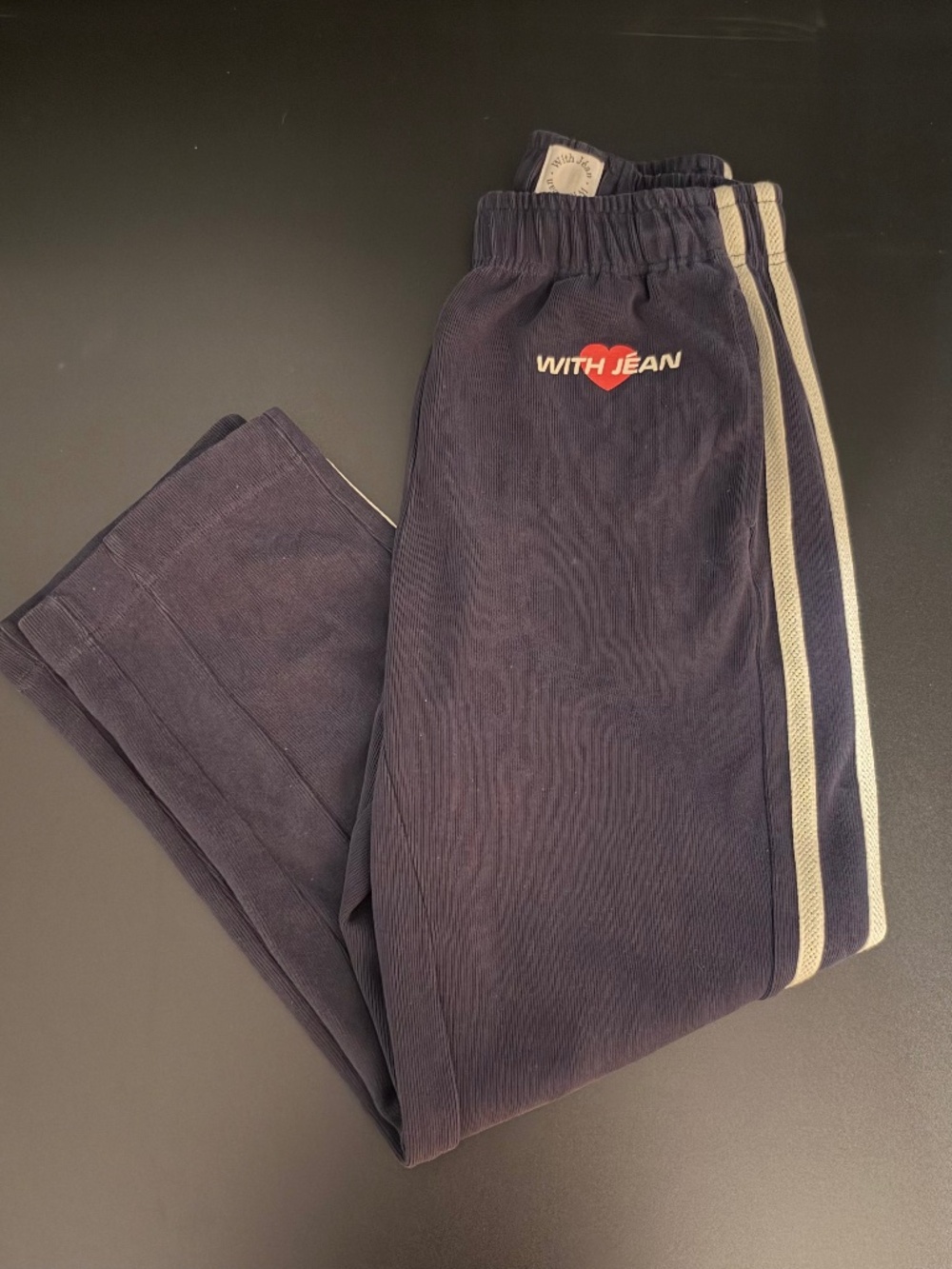 With Jéan navy side stripe sweatpants with heart detail and back pocket